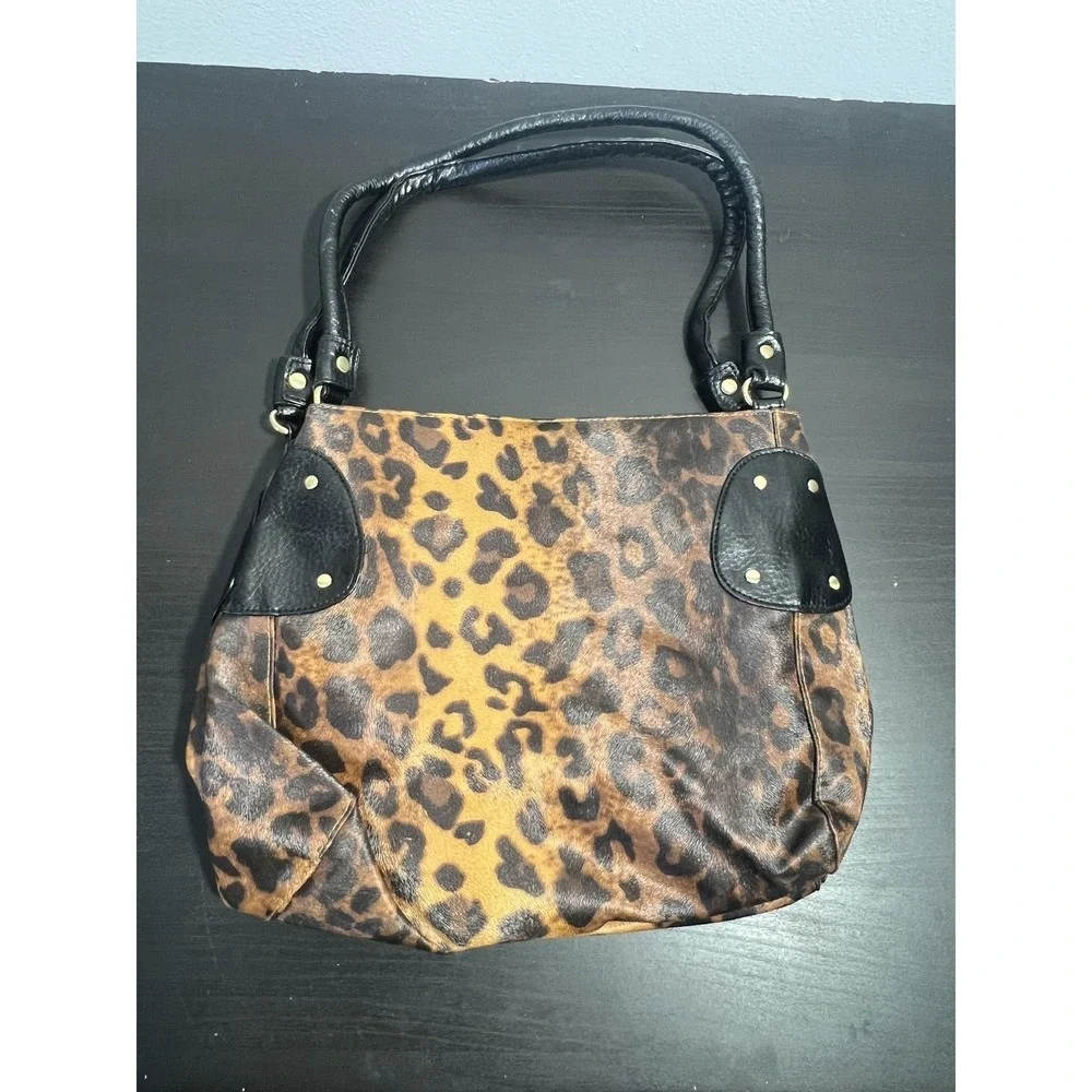 MASSINI Leopard Print Faux Fur Shoulder Bag Hobo Purse Gold Tone Hardware
